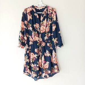 Daniel Rainn Long-Sleeved Dress V-Neck Sheer Lined Floral Navy Blue Pink Medium